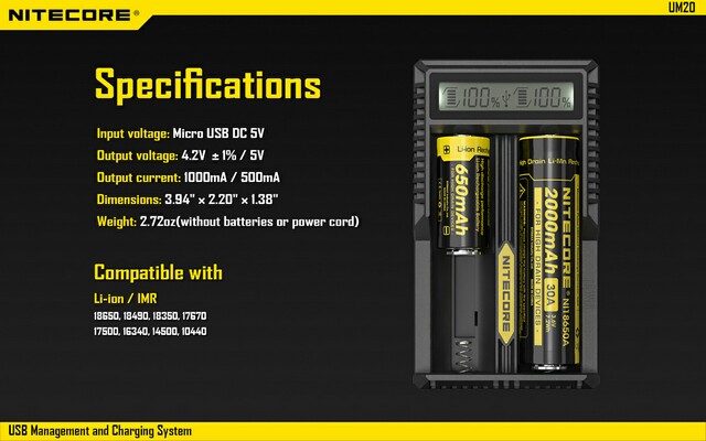 Nitecore charger UM20 USB battery charger 2 bay charger